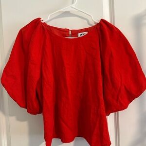 DKNY Women’s Linen Blend Puff Sleeve Top Size L Red Valentine’s Day EUC